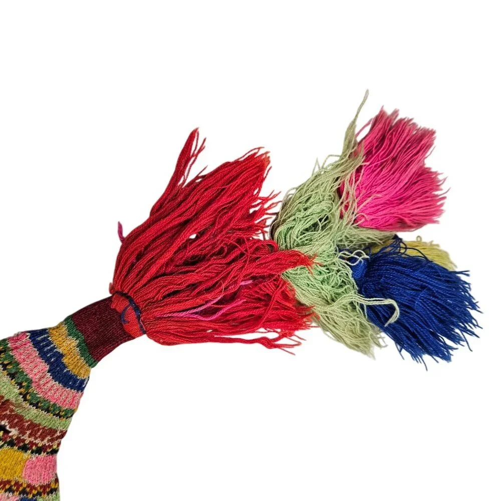 Vintage Hand Knit Tribal Wool Hat Colorful Geometric Patterns Tassels‎ Earflaps